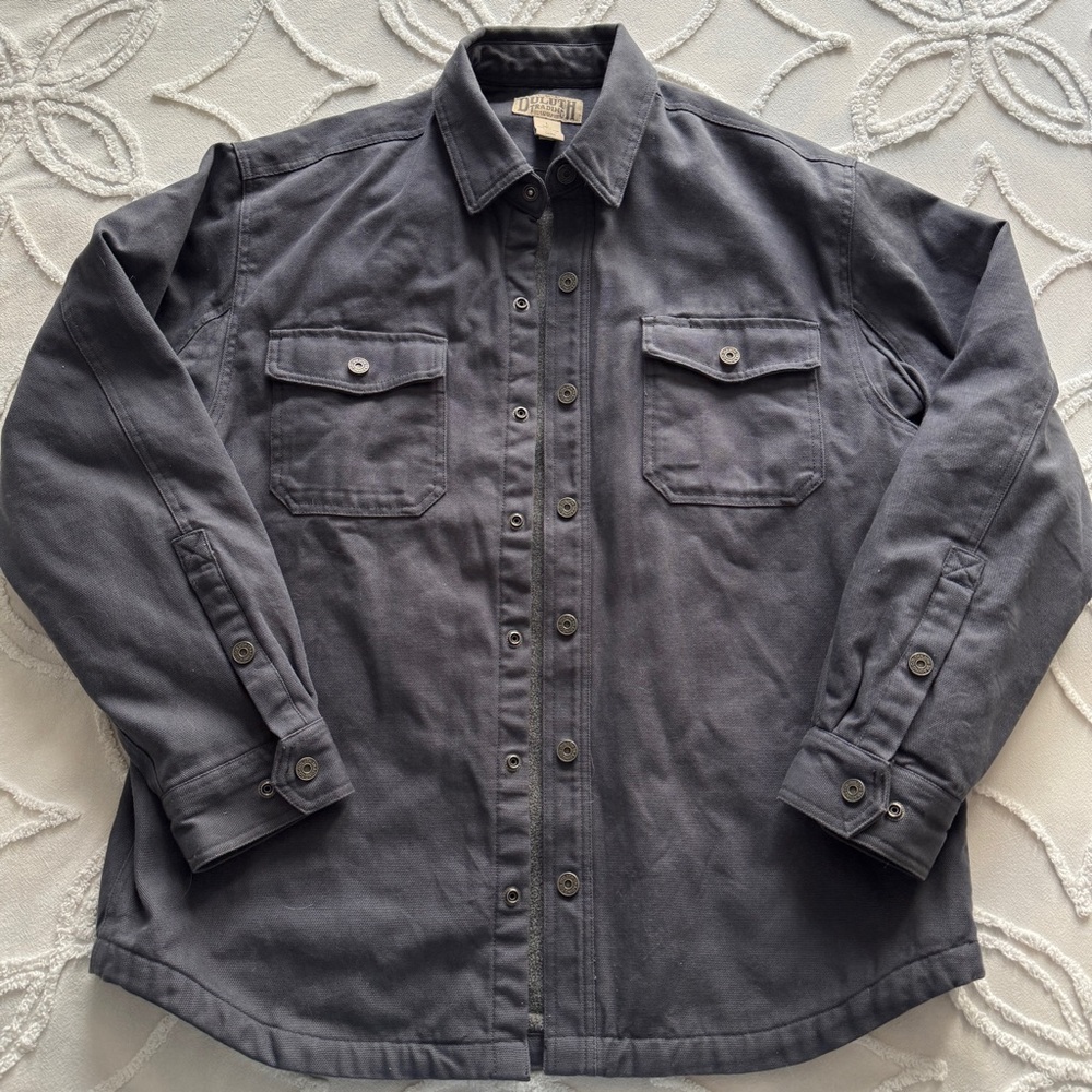 Duluth Trading Mens Firehose Shirt Jack Jacket Large Blue Fleece Lined Canvas